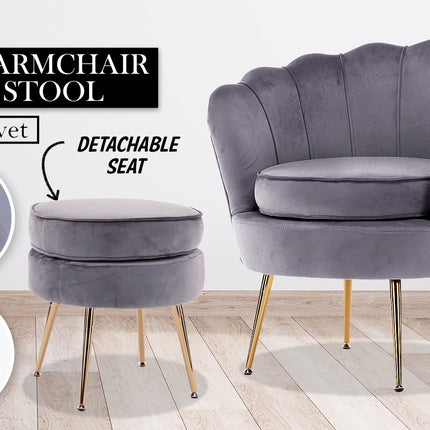 Armchair Lounge Chair Accent Velvet Shell Scallop + Ottoman Footstool Round GREY 2