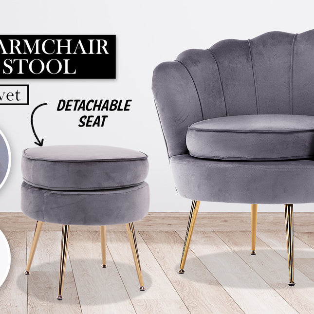 Armchair Lounge Chair Accent Velvet Shell Scallop + Ottoman Footstool Round GREY 2