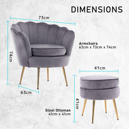 Armchair Lounge Chair Accent Velvet Shell Scallop + Ottoman Footstool Round GREY 12