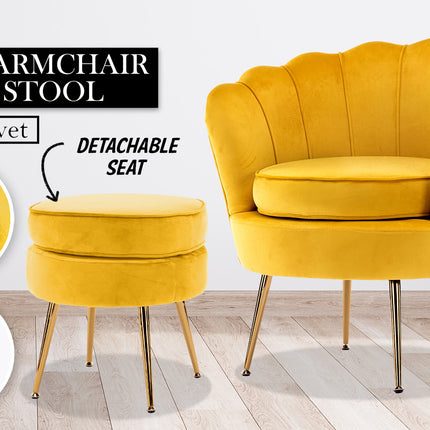 Armchair Lounge Chair Accent Velvet Shell Scallop + Round Ottoman Footstool YELLOW 2