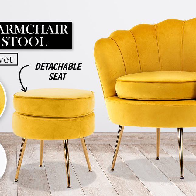 Armchair Lounge Chair Accent Velvet Shell Scallop + Round Ottoman Footstool YELLOW 2