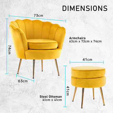 Armchair Lounge Chair Accent Velvet Shell Scallop + Round Ottoman Footstool YELLOW 12