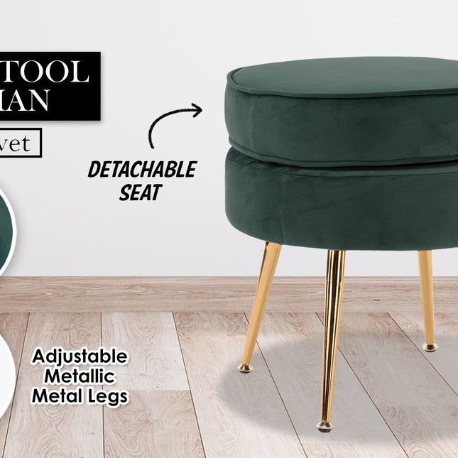 Ottoman Foot Stool Velvet Fabric Metal Leg Round GREEN 2