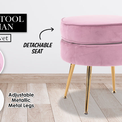 Ottoman Foot Stool Velvet Fabric Metal Leg Round PINK 2