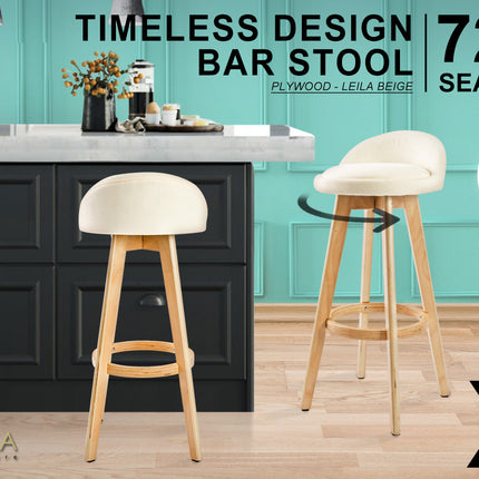 4X Wooden Bar Stool Dining Chair Fabric LEILA 72cm BEIGE 2