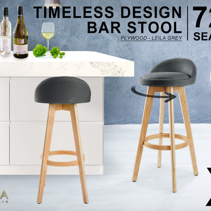 4X Wooden Bar Stool Dining Chair Fabric LEILA 72cm GREY 2