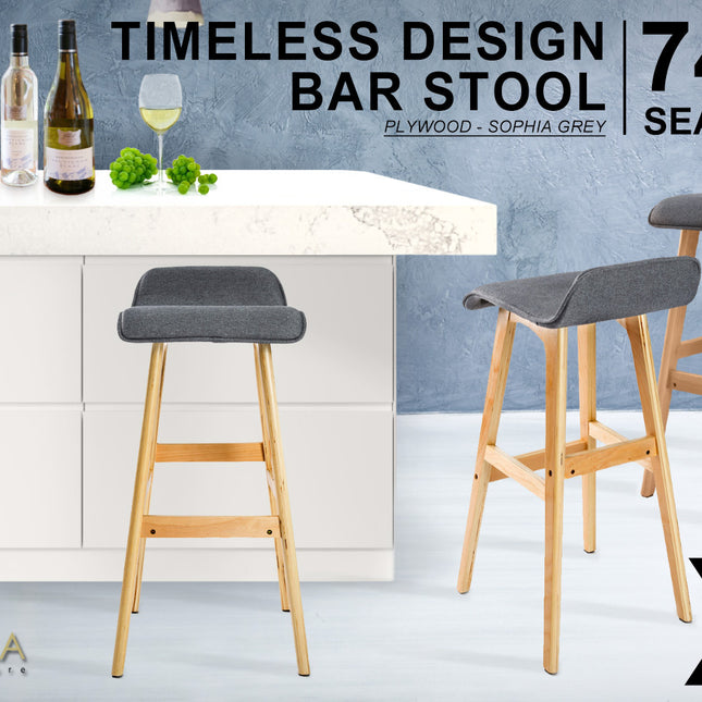 2X Wooden Bar Stool Dining Chair Fabric SOPHIA 74cm GREY 2