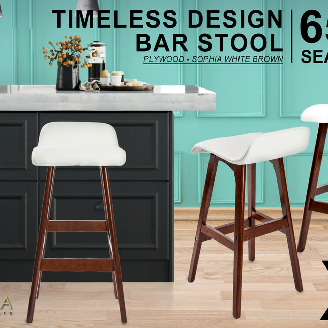 2X Wooden Bar Stool Dining Chair Leather SOPHIA 65cm WHITE BROWN 2