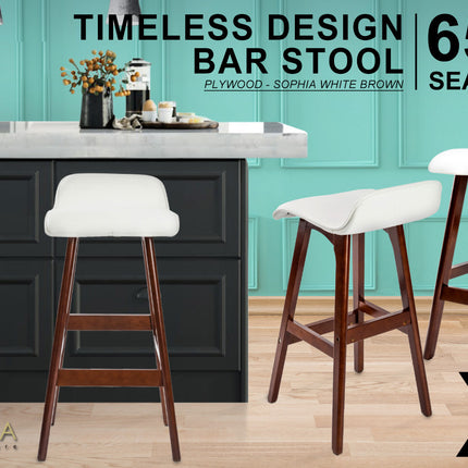 4X Wooden Bar Stool Dining Chair Leather SOPHIA 65cm WHITE BROWN 2