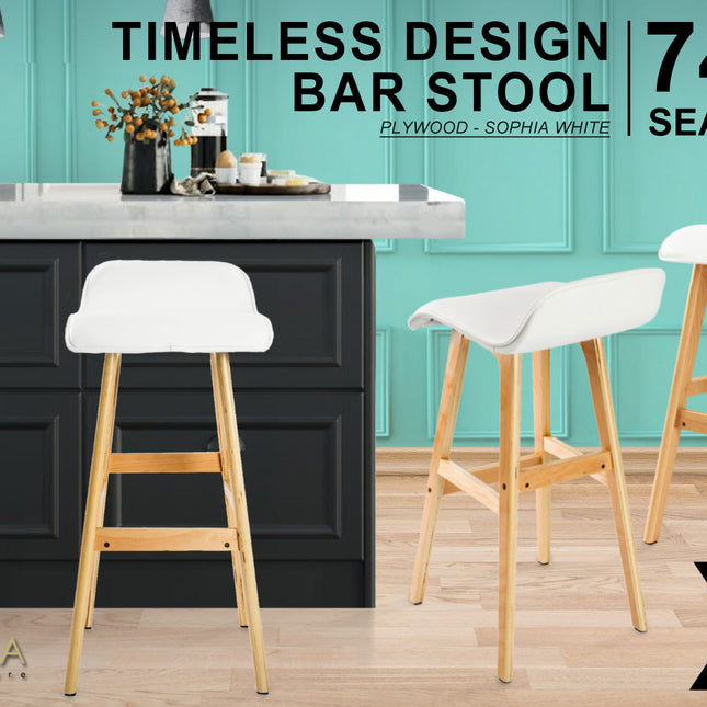 2X Wooden Bar Stool Dining Chair Leather SOPHIA 74cm WHITE 2