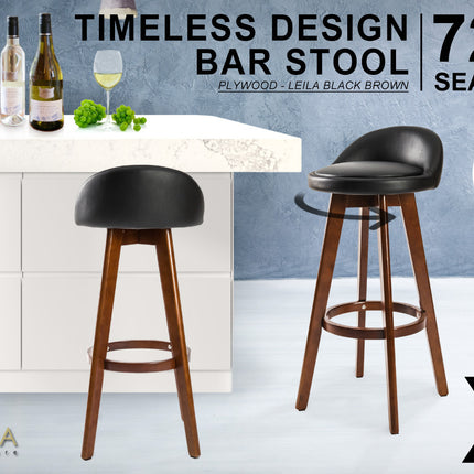 2X Wooden Bar Stool Dining Chair Leather LEILA 72cm BLACK BROWN 2