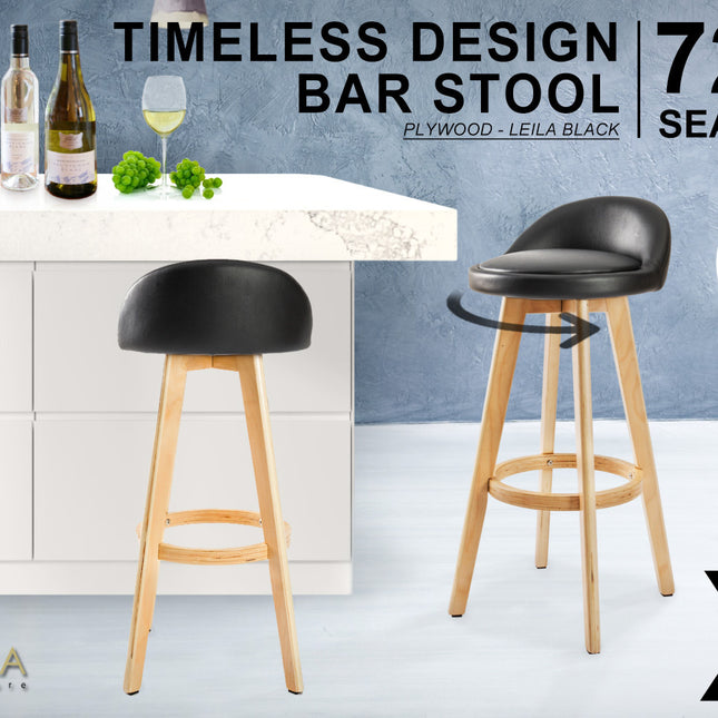 2X Wooden Bar Stool Dining Chair Leather LEILA 72cm BLACK 2