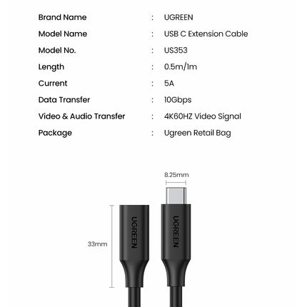 UGREEN 10387 USB-C Extension Cable 1M 12