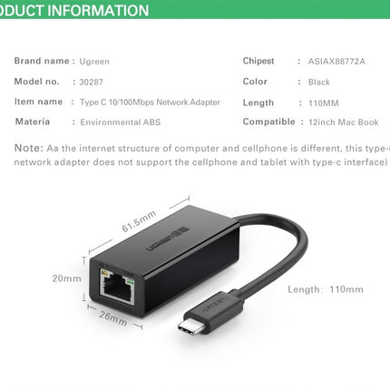 UGREEN 30287 USB-C 10/100Mbps Ethernet Adapter 7