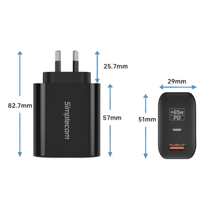 Simplecom CU265 Dual Port PD 65W GaN Fast Wall Charger USB-C + USB-A for Phone Laptop 4
