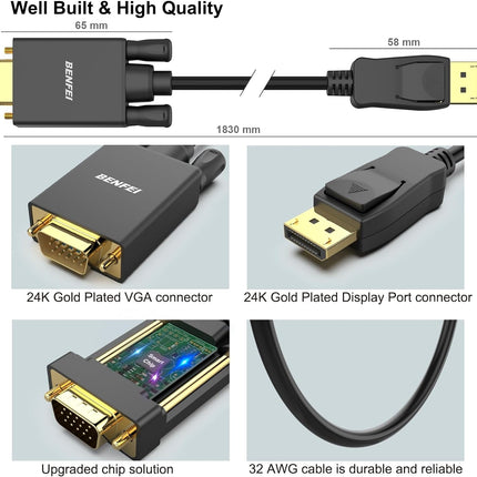 BENFEI 000123BK-10F Uni-Directional DP DisplayPort to VGA Cable Male-Male Gold-Plated Cord 3M 6