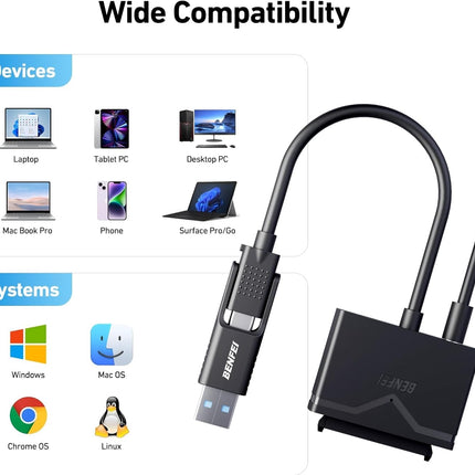BENFEI 221BK USB 3.0 to SATA III Hard Drive Adapter for 2.5/3.5-inch HDD/SSD with 12V/2A Power Adapter, Support UASP 6