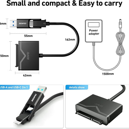 BENFEI 221BK USB 3.0 to SATA III Hard Drive Adapter for 2.5/3.5-inch HDD/SSD with 12V/2A Power Adapter, Support UASP 7