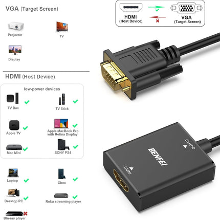 BENFEI HDMI to VGA, Uni-Directional HDMI Computer to VGA Monitor  Adapter (Female to Male) with 3.5mm Audio Jack 5