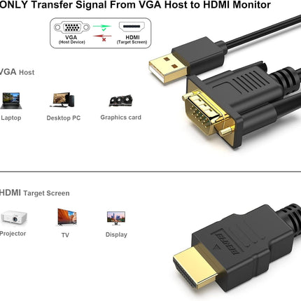 BENFEI 324BK VGA to HDMI Cable with Audio, 1080P Uni-Directional 1.8M 2
