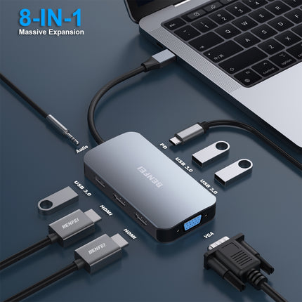 BENFEI 335GY USB-C Hub with Triple Display, 8-in-1 Docking Station (100W PD, Dual 4K HDMI, VGA, 3x USB 3.0) 3