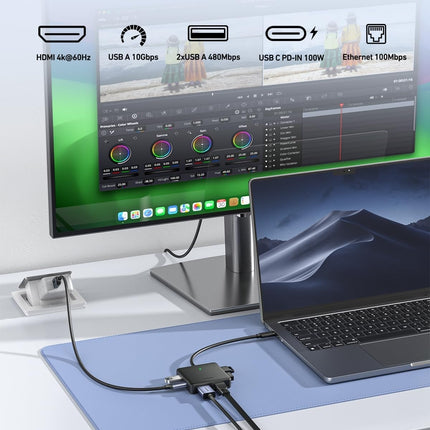 BENFEI 399BK 6-in-1 USB-C HUB to HDMI(8K)+USB3.2(10Gbps)+USB2.0x2+PD100W+RJ45 Black 2