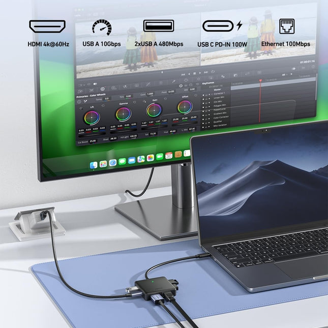 BENFEI 399BK 6-in-1 USB-C HUB to HDMI(8K)+USB3.2(10Gbps)+USB2.0x2+PD100W+RJ45 Black 2