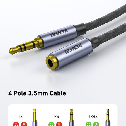 BENFEI 421GY 10M 3.5mm Male to Female AUX Extension Cable, TRRS 4-Pole Stereo Audio Jack Cord for Headphones, Microphone, Smartphones, PC, Laptop, Speakers 4