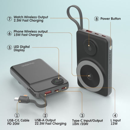 CHOETECH B695-BK 10000mAh 22.5W USB-A + USB-C x 2 + MagLeap Wireless Charge Power Bank Black 5