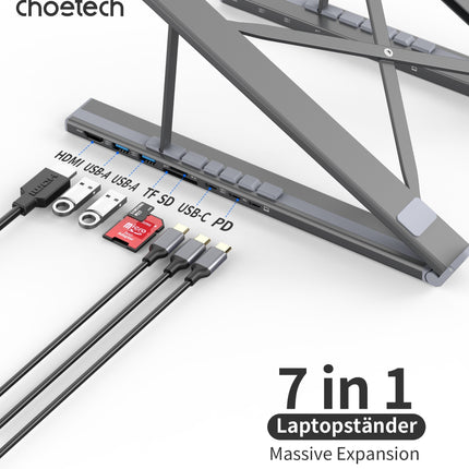 CHOETECH HUB-M48 7-in-1 Hub + Foldable Laptop stand USB-C to HDMI 4K/USB-A/TF&SD/USB-C with PD Charging 2