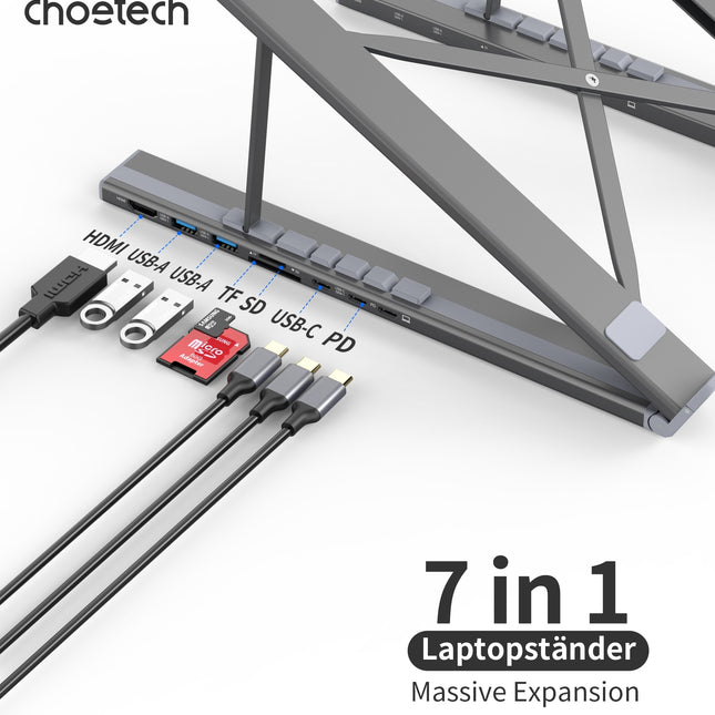 CHOETECH HUB-M48 7-in-1 Hub + Foldable Laptop stand USB-C to HDMI 4K/USB-A/TF&SD/USB-C with PD Charging 2