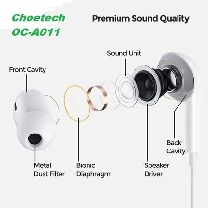 Choetech OC-A011 USB-C In-Ear Headphones 1.2m - White 3