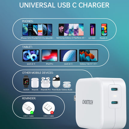 Choetech PD6009 40W Dual Fast USB C Charger 2-Port 20W PD 3.0 With Foldable Plug 3