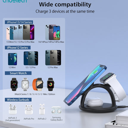 CHOETECH T587-F 3-in-1 Magnetic Wireless Charger Station for iPhone 12/13/14/AirPods Pro/iWatch 9