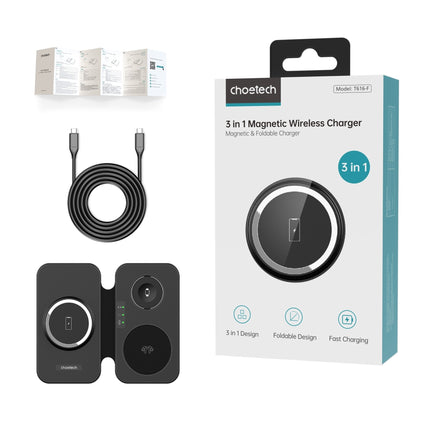 CHOETECH T616-F-BK 3in1 Magnetic Foldable Wireless Charger Black 3