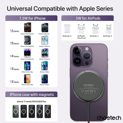 CHOETECH T697-F 15W/7.5W/5W magnetic charger for iPhone, Air Pods and more 1.5M Black 5