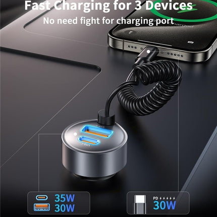 CHOETECH TC0030 65W 3-Port Fast Car Charger with 3.3ft Type-C Stretchable Cable 3