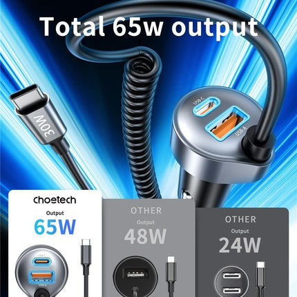 CHOETECH TC0030 65W 3-Port Fast Car Charger with 3.3ft Type-C Stretchable Cable 5