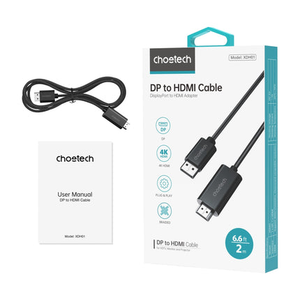 CHOETECH XDH01 4K 60Hz DisplayPort Male to HDMI Male Braided Cable 2M 10