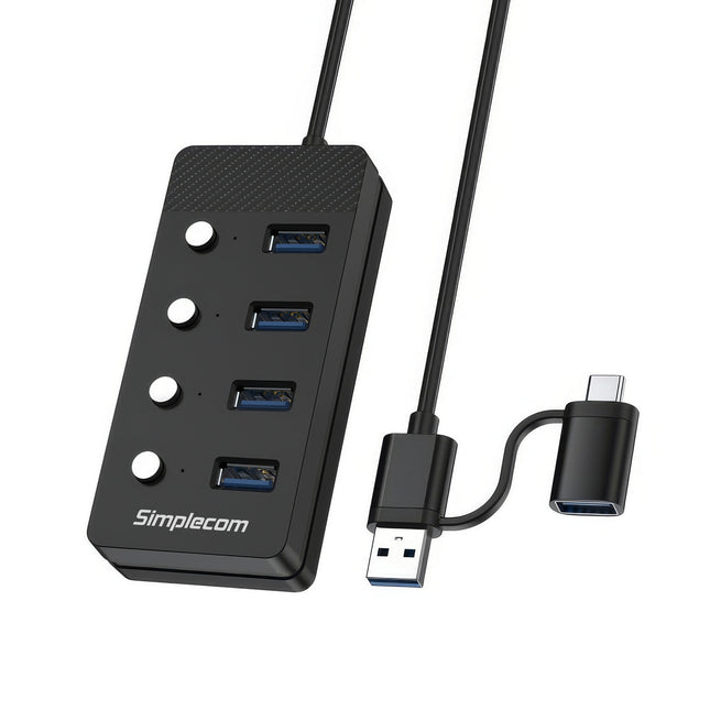 Simplecom CH345C SuperSpeed USB-A and USB-C to 4-Port USB 3.0 Hub 5Gbps Individual Switches and Power Adapter 2
