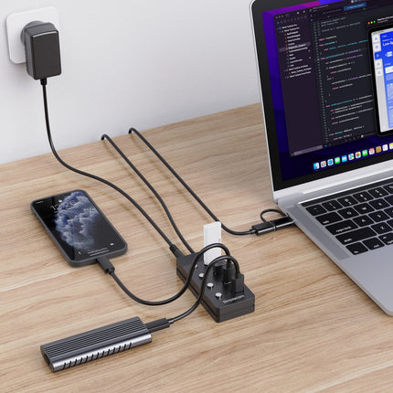 Simplecom CH345C SuperSpeed USB-A and USB-C to 4-Port USB 3.0 Hub 5Gbps Individual Switches and Power Adapter 4