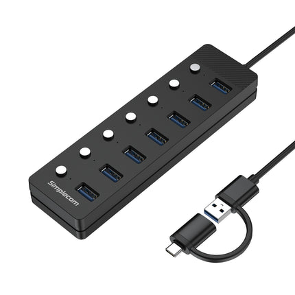 Simplecom CH375C USB-A and USB-C to 7-Port USB 3.0 Hub 5Gbps Individual Switches and Power Adapter 2