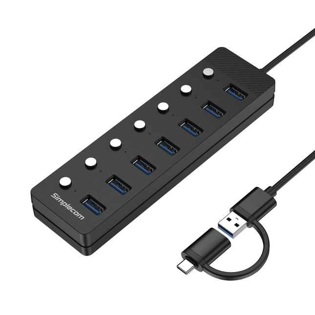 Simplecom CH375C USB-A and USB-C to 7-Port USB 3.0 Hub 5Gbps Individual Switches and Power Adapter 2