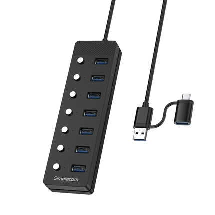 Simplecom CH375C USB-A and USB-C to 7-Port USB 3.0 Hub 5Gbps Individual Switches and Power Adapter 3