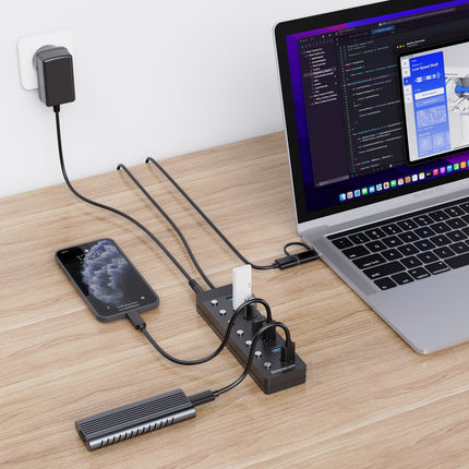 Simplecom CH375C USB-A and USB-C to 7-Port USB 3.0 Hub 5Gbps Individual Switches and Power Adapter 5