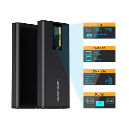 Simplecom SE530 NVMe / SATA M.2 SSD to USB-C Enclosure with SMART LED Screen USB 3.2 Gen 2 10Gbps 2