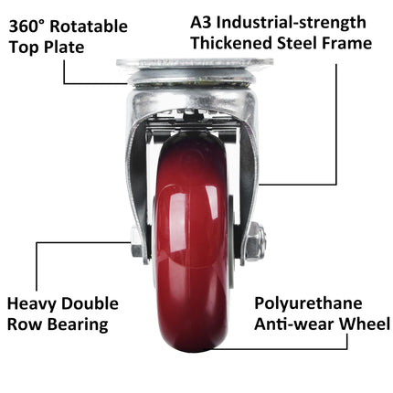 4 inch Heavy Duty Casters Lockable Caster Wheel Swivel Casters Castor with Brakes for Furniture and Workbench Cart 5