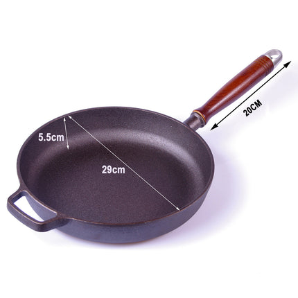 Pre-Seasoned 29cm Cast Iron Fry Pan Cookware Heat-Resistant Wooden Handle 2