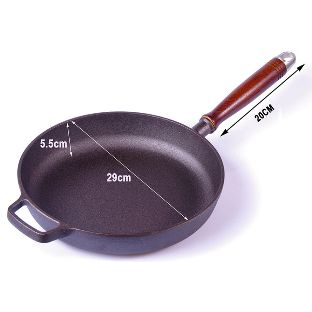 Pre-Seasoned 29cm Cast Iron Fry Pan Cookware Heat-Resistant Wooden Handle 2