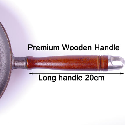 Pre-Seasoned 29cm Cast Iron Fry Pan Cookware Heat-Resistant Wooden Handle 4
